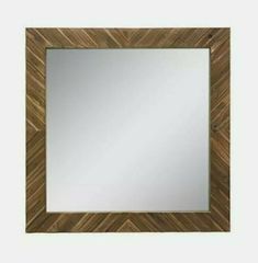 a square mirror with a wooden frame and wood grain pattern on the bottom, against a white background