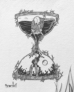 a drawing of an hourglass with a skeleton inside