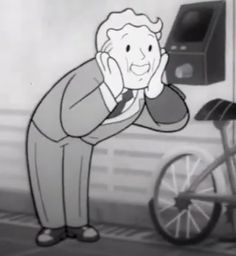 an old man standing in front of a bike next to a wall with a clock on it