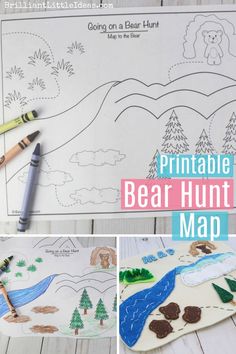 printable bear hunt map with crayon markers and pencils on the table