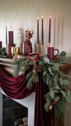 "Deck your halls with beautiful holiday decorations that add elegance and cheer to every room—perfect for making memories this season." Fireplace Swag Christmas, Ribbon On Mantle, Christmas Stocking Mantle Ideas, Red And Gold Christmas Mantle Decor, Asymmetrical Garland Mantle, Christmas Fireplace Mantle Ideas, Fireplace Garland Ideas, Christmas Garland Decor Ideas, Christmas Garland On Fireplace