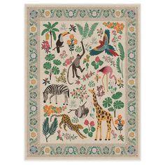 a tapestry with animals and birds on it's border, including zebras, giraffes, flamingos, and other tropical plants