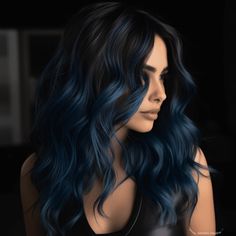 25 Gorgeous Balayage for Dark Hair Ideas Fantasy Hair Color Highlights, Colored Hair For Dark Hair, Blue Fashion Color Hair, Black Hair Blue Balayage, Dark And Blue Hair, Black To Dark Blue Hair, Blue Baylage Hair Dark Brown, Best Colors For Black Hair, Dark Skin Hair Highlights