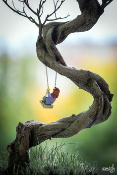 a tree branch with a small figurine hanging from it