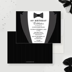 a black and white birthday card with a bow tie