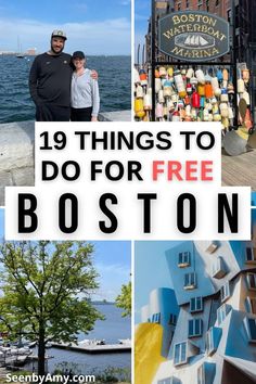 the top things to do for free in boston, including an image of buildings and water