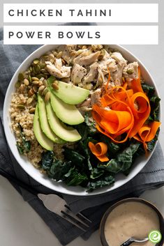 chicken tahitii power bowls with avocado, carrots and spinach