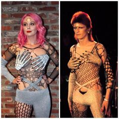 two women dressed in bodysuits and one with pink hair, both wearing fishnet stockings