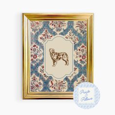 a dog is shown in a gold frame with blue and red flowers on the border