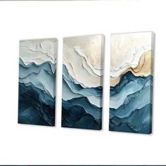 three abstract paintings with blue and gold colors on white wall art prints for living room or bedroom