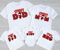 three shirts with the words, happy dad and two daughters printed on them in red