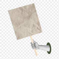 a hand holding a paper sign with a wooden stick in the other hand png