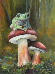 a painting of a frog sitting on top of a mushroom