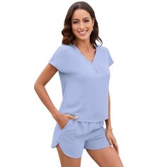 Elevate your loungewear with our Women's Summer Pajama Sets, designed to blend effortless style with supreme comfort. Perfect for those lazy mornings or cozy nights in, this set features a flattering V-neck shirt and matching shorts with a comfortable 4-inch inseam, ensuring you stay relaxed whatever the hour.

- **Material:** 100% Polyester for a soft, silky feel
- **Color:** Available in Light Blue, Black, Pink, and more
- **Size:** Large
- **Gender:** Female
- **Features:**
  - **V-Neck Shirt Blue Short Set For Loungewear, Blue Lounge Short Set, Blue Tops For Relaxation In Summer, Relaxed Fit Solid Color Short Sets, Blue Summer Sets For Relaxation, Blue Sets For Summer Relaxation, Blue Short Sets For Loungewear, Summer Pajamas Women, Female Features