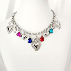 Collar Sagrado Corazón Plata - Multi Dije Acero Inoxidable | Joyería Mexicana Sacro Cuore | Collar Milagros Estilo Bohemio y Vintage Guadalupe Necklace, Heart Necklace Silver, Flaming Heart, Multi Pendant, Charm Necklace Silver