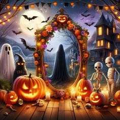 a halloween scene with pumpkins and skeletons