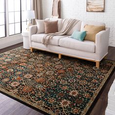 a living room with a couch and rug in it