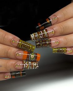 Fall Junk Nails, Square Polygel Nails, Green And Orange Nail Designs, Brown Orange Nails, Brown And Orange Nails, Orange And Brown Nails, Brown And Green Nails, Orange And Green Nails, Green And Brown Nails