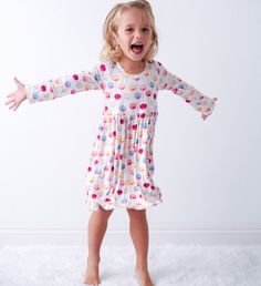 This dreamy dress is made to make any toddler twirl with joy! Soft bamboo fabric and long sleeves keep them comfy and stylish while they explore, frolic, and flutter through their day! Who said playtime has to be boring? 93% Bamboo and 7% spandex Wash cold with like colors; stays soft wash after wash Long Sleeve Twirl Ready