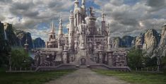 a large castle with towers and spires in the middle of a dirt road surrounded by mountains