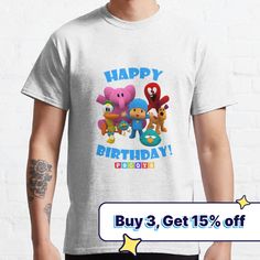 an image of a happy birthday shirt with cartoon characters on the front and bottom half