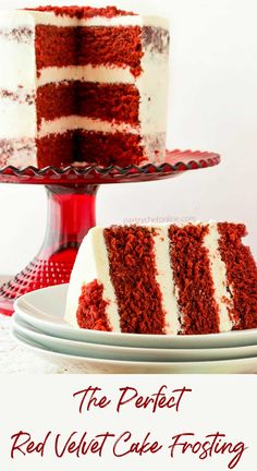 a slice of red velvet cake frosted with white icing