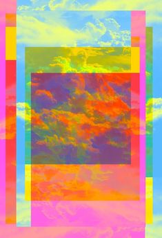 an abstract painting with multiple colors and clouds in the background, including blue, yellow, pink