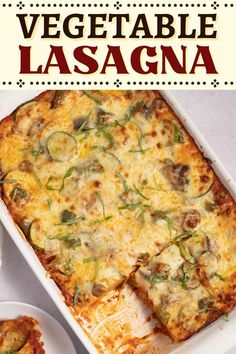 vegetable lasagna in a casserole dish on a white plate with the title overlay