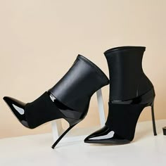 Black Stiletto Boots, Party Boots, Patchwork Boots, Leather Patchwork, Black Stilettos, Heel Ankle Boots, Fashion High Heels