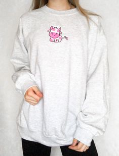 ✰Strawberry Cow! A BOXEDTRENDS Original✰Ash Grey✰UNISEX✰Hand drawn and designed✰Embroidered sweatshirt✰Super soft and comfy!✰Model is 5'5 and wearing Size L Blueberry Cow, Strawberry Cow, Cute Cows, Embroidered Sweater, Embroidered Sweatshirt, Embroidered Hoodie, Embroidered Sweatshirts, Ash Grey, Custom Clothes