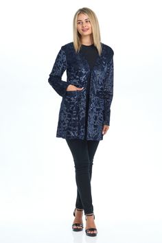 Indulge in the opulent versatility of this Women's Navy Blue Glitter Stretch Velvet Cardigan. Enhance any ensemble with its regal princess silhouette, delicate hook and eye closure, and practical pockets. This stretch velvet cardigan elevates your casual denim looks and adds a touch of elegance to your cocktail, party, and even beach attire. Created with 60% Polyester, 30% Nylon, and 10% Spandex, with 1 small hook and eye trim. No inner lining included. Blue Long Sleeve Formal Cardigan, Blue Long Sleeve Cardigan For Formal Occasions, Elegant Sequin Cardigan, Elegant Sequined Cardigan For Fall, Elegant Winter Cardigan With Sequins, Elegant Blue Winter Cardigan, Elegant Winter Cardigan For Night Out, Elegant Blue Formal Cardigan, Denim Looks