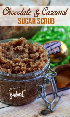 chocolate and caramel sugar scrub in a glass jar