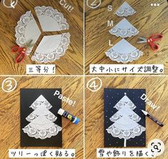 four pictures showing how to make a paper christmas tree