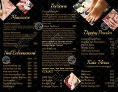 a black and gold menu for nail salons with images of manicures on it