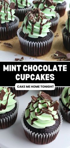 chocolate cupcakes with green frosting and chocolate shavings on top, in front of the words mint chocolate cupcakes cake me home tonight