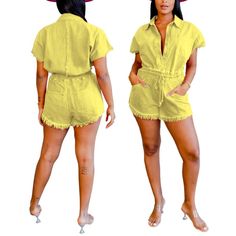 Channel some serious sunshine vibes with our Sun Rays Denim Romper! Featuring a playful single-breasted design, drawstring waist, and a range of sizes from S to 3XL. Perfect for any summer adventure, this romper is the ultimate blend of style and comfort. Decoration Button , Pockets Length Above Knee, Mini Style Casual Fabric Type Denim Material Polyester , Polyester Neckline Turn-down Collar Pattern Type Solid Sleeve Length Short Season Summer Chest Pad No Chest Pad Body Unlined Bra Type Wirele Casual Yellow Bottoms With Frayed Hem, Black Jumpsuit Dress, Sunshine Vibes, Unlined Bra, Denim Romper, Denim Material, Curvy Dress, Collar Pattern, Crop Top Sweater