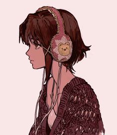 a drawing of a girl with headphones in her ears and a teddy bear on the ear