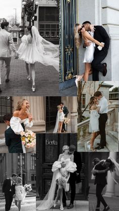 black and white wedding collages with bride and groom walking down the street in front of an old building