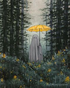 a painting of a ghost holding an umbrella in the rain surrounded by flowers and trees