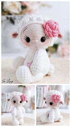 there is a crocheted stuffed animal that looks like a sheep with a flower in its hair