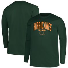 Celebrate your unwavering support for the Miami Hurricanes with the Champion Green Miami Hurricanes Big & Tall Arch Long Sleeve T-Shirt. Crafted from soft cotton, this long sleeve tee features bold graphics that proudly display your allegiance to the Miami Hurricanes. Whether you're cheering from the stands or representing your team off the field, this shirt is the perfect way to show your unwavering support for the Miami Hurricanes. Green Crew Neck Top For Fans, Green Team Name Fan Apparel Tops, Green Fan Apparel Top With Team Name, Green Fan Apparel Tops With Team Name, Green Crew Neck Top With Team Spirit Style, Green Crew Neck Top For Team Spirit, Green Letter Print Top For Fans, Green Tops With Logo Print For Fan Merchandise, Green Tops With Logo Print For Fans