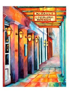 a painting of an alleyway with lights and signs