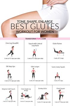 a woman is doing exercises on her stomach and back with the words tone shape enlarge best glutes workout for women