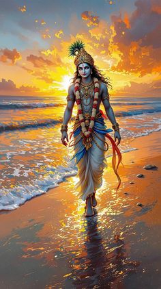 a painting of a man walking on the beach at sunset with his face painted in blue and gold