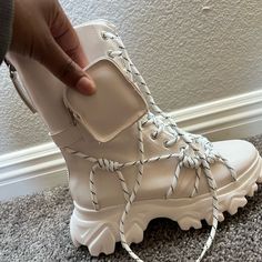 Hi I Paid $110 For These At A Rave Pop Up So I Am Unable To Take Them Back. Size 10 But Fits Like An 9 White Lace-up Boots For Spring, Trendy White Boots With Laces, White Casual Boots With Laces, Casual White Boots With Laces, White Laced Boots For Spring, Casual White Lace-up Boots, White Boots With Lug Sole For Spring, Spring White Boots With Lug Sole, Goth Heels