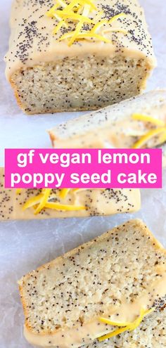 two slices of poppy seed lemon poppy seed cake on wax paper with the words gf vegan lemon poppy seed cake