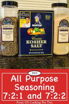 all purpose seasoning in jars on a counter top with the words, kosher salt 101