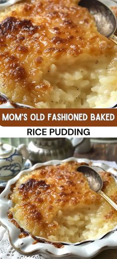 two pictures showing how to make an old fashioned baked rice pudding