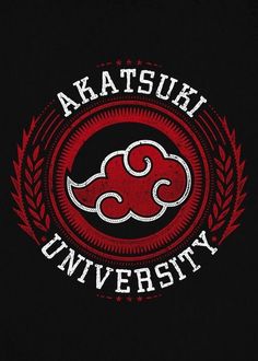 the logo for akatsuki university on a black shirt with red and white lettering