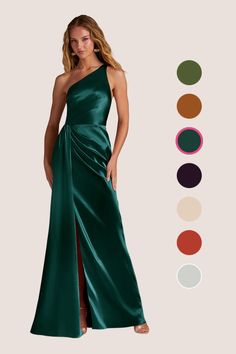 a woman in a long green dress with one shoulder and slited skirt, standing next to color swatches